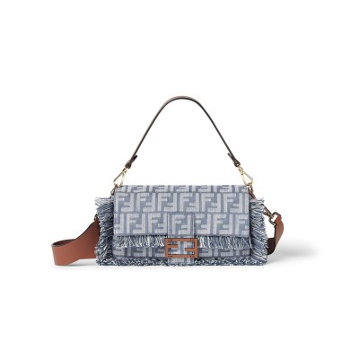 FENDI BAGUETTE BLUE DENIM EFFECT FF JACQUARD BAG 8BR600AUT4F1SXQ (27*15*6cm)